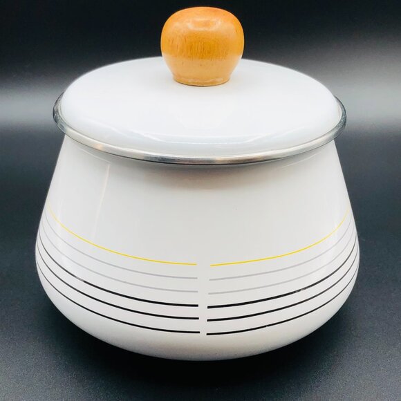 Vintage White Gray Yellow Stripes Enamel Fondue Pot and Lid Wood Handle Saucepan - Picture 3 of 13